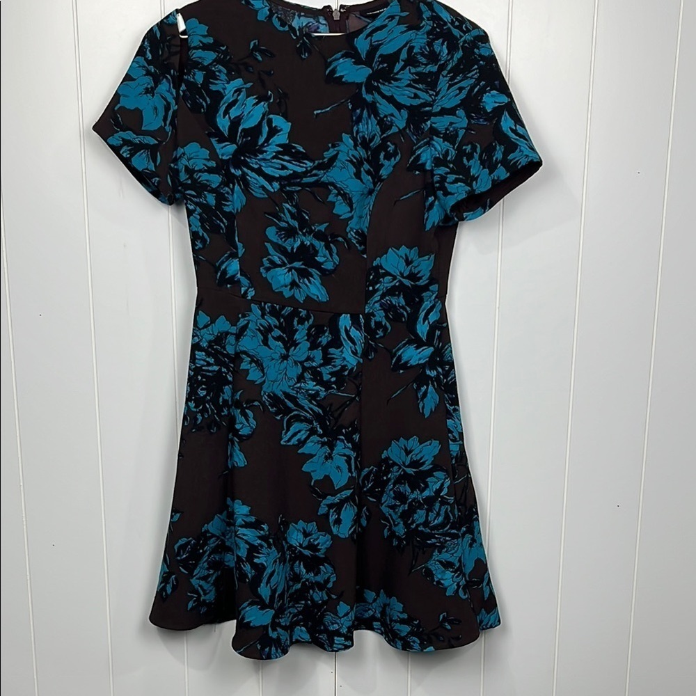 Who What Wear Women Dress S Brown Turquoise Zip Back Sleeve Cut-Outs Fit & Flare